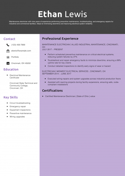Maintenance Electrician Resume Example