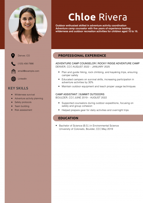 Adventure Camp Counselor Resume