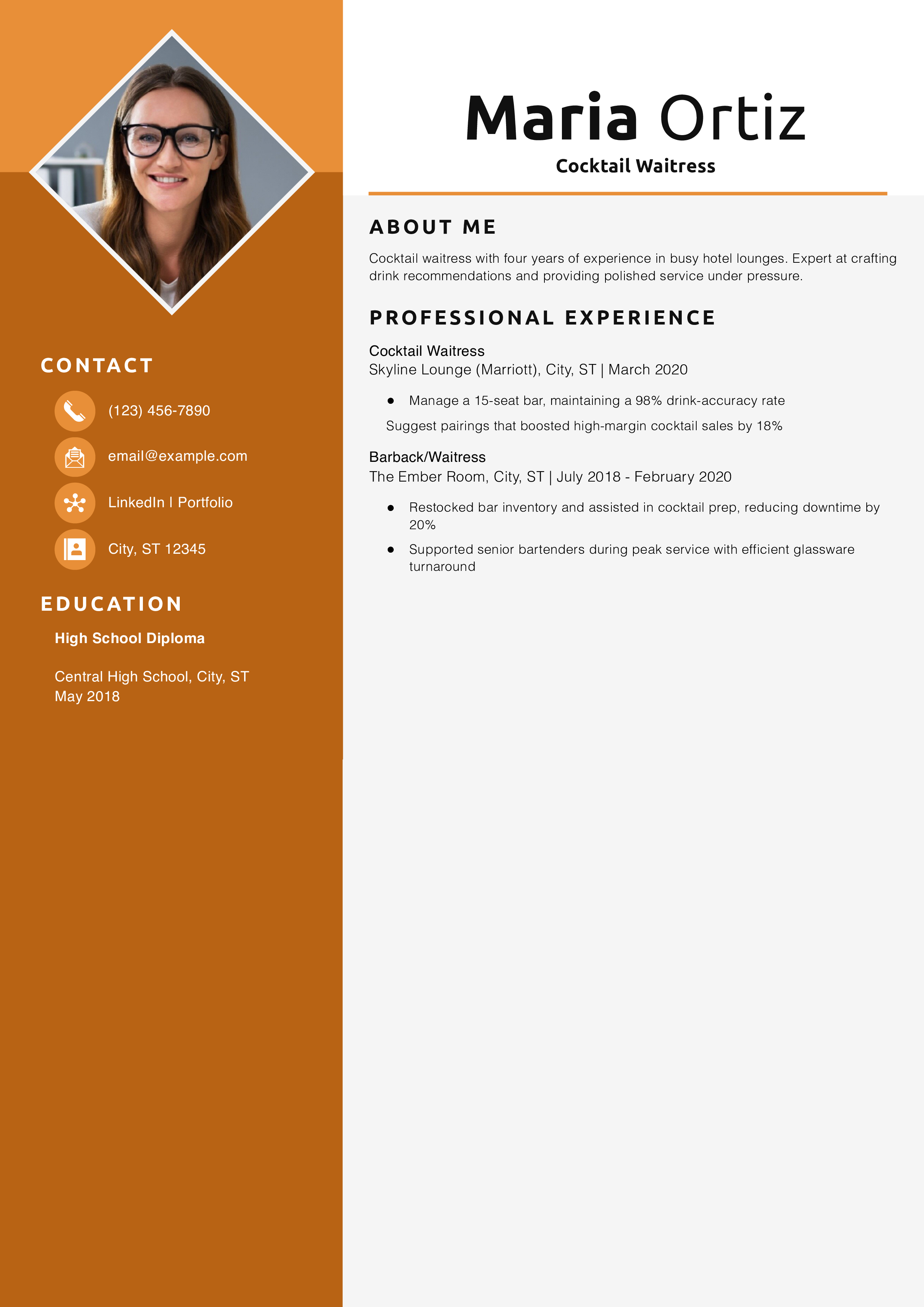 Cocktail Waitress Resume Example