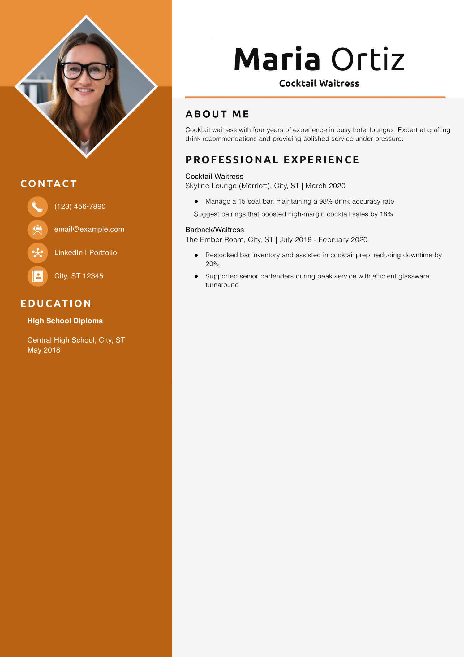 Cocktail Waitress Resume Example