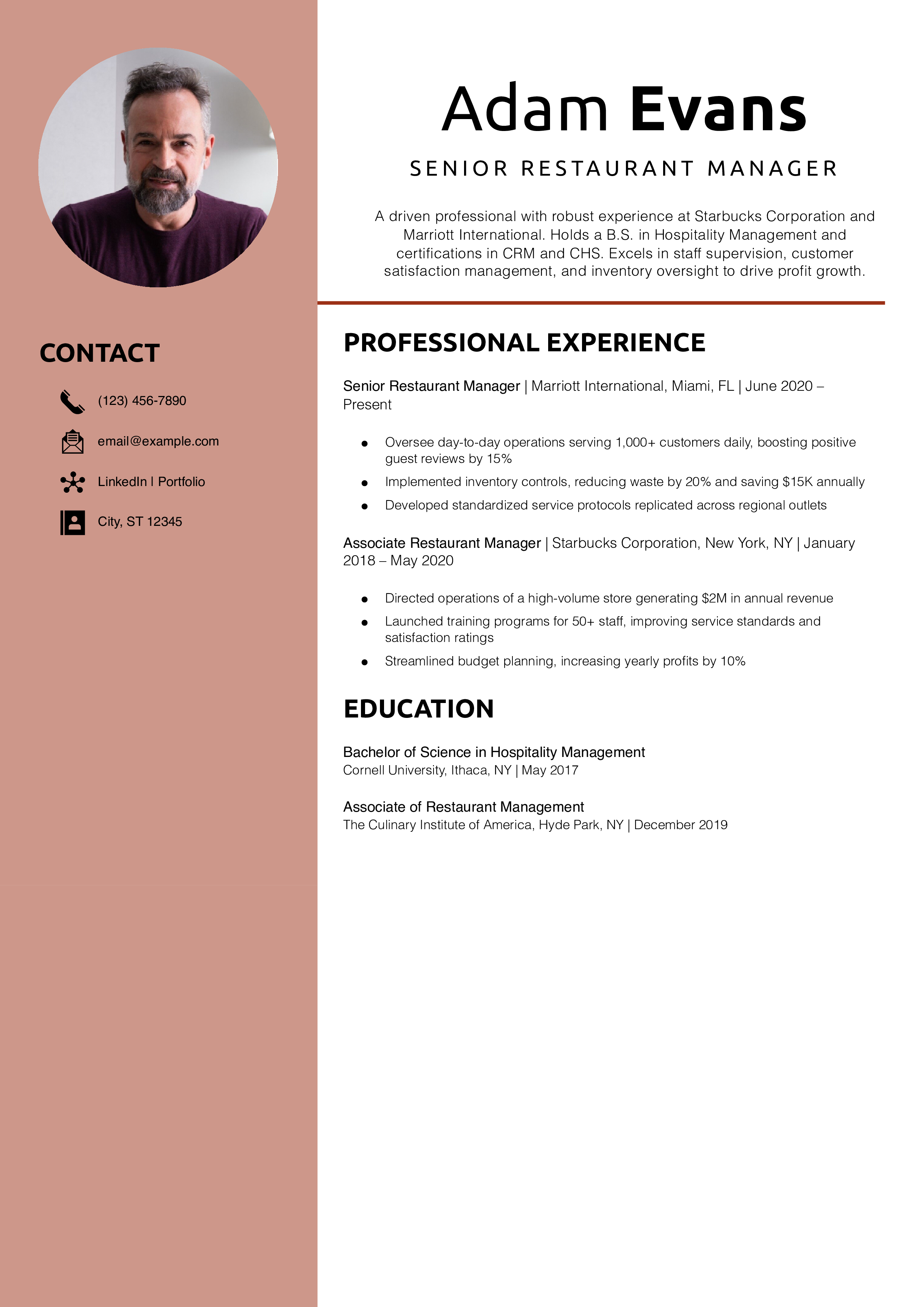 Senior Restaurant Manager Resume Example
