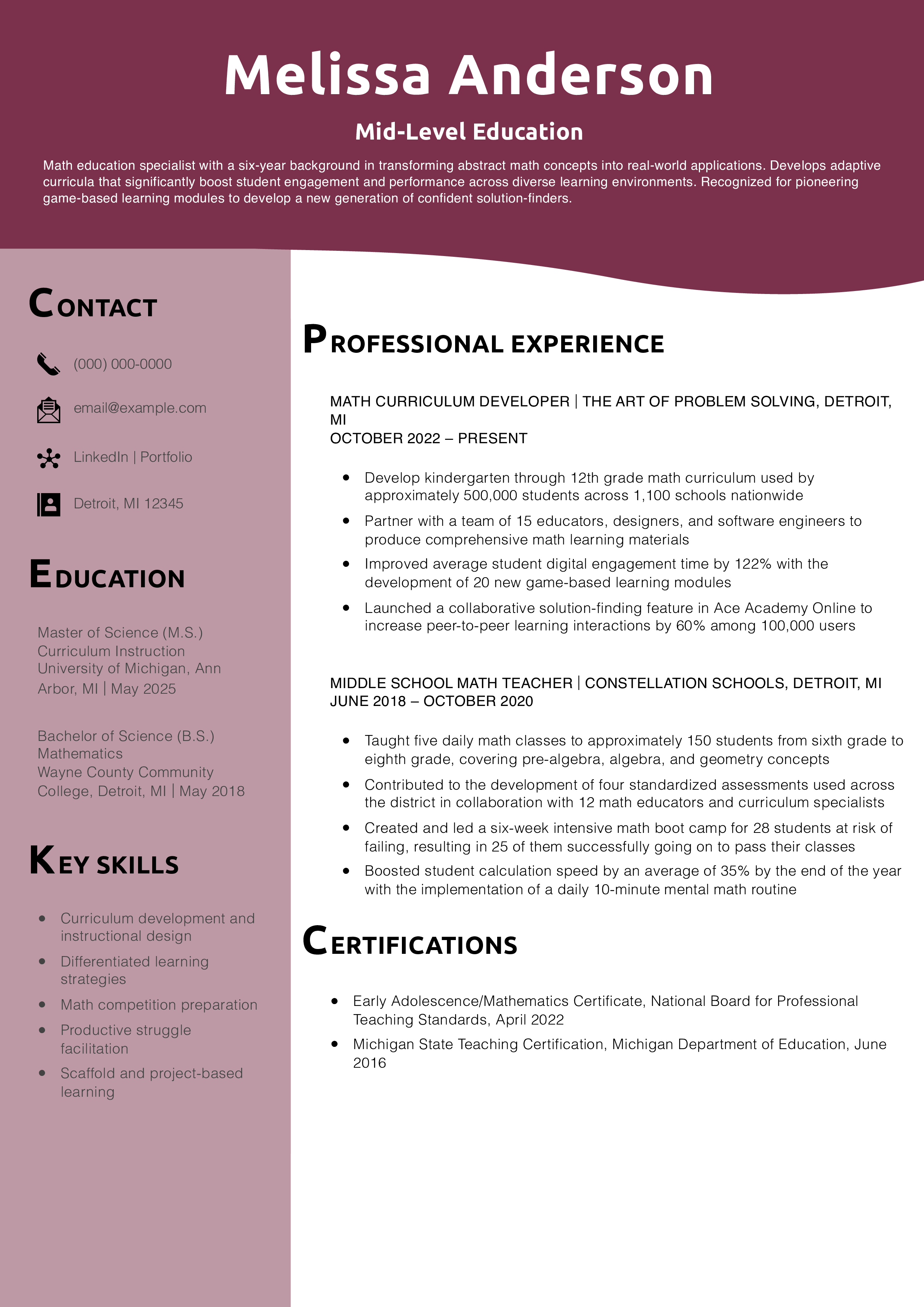 Mid-Level Education Resume Example