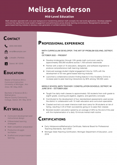 Mid-Level Education Resume Example