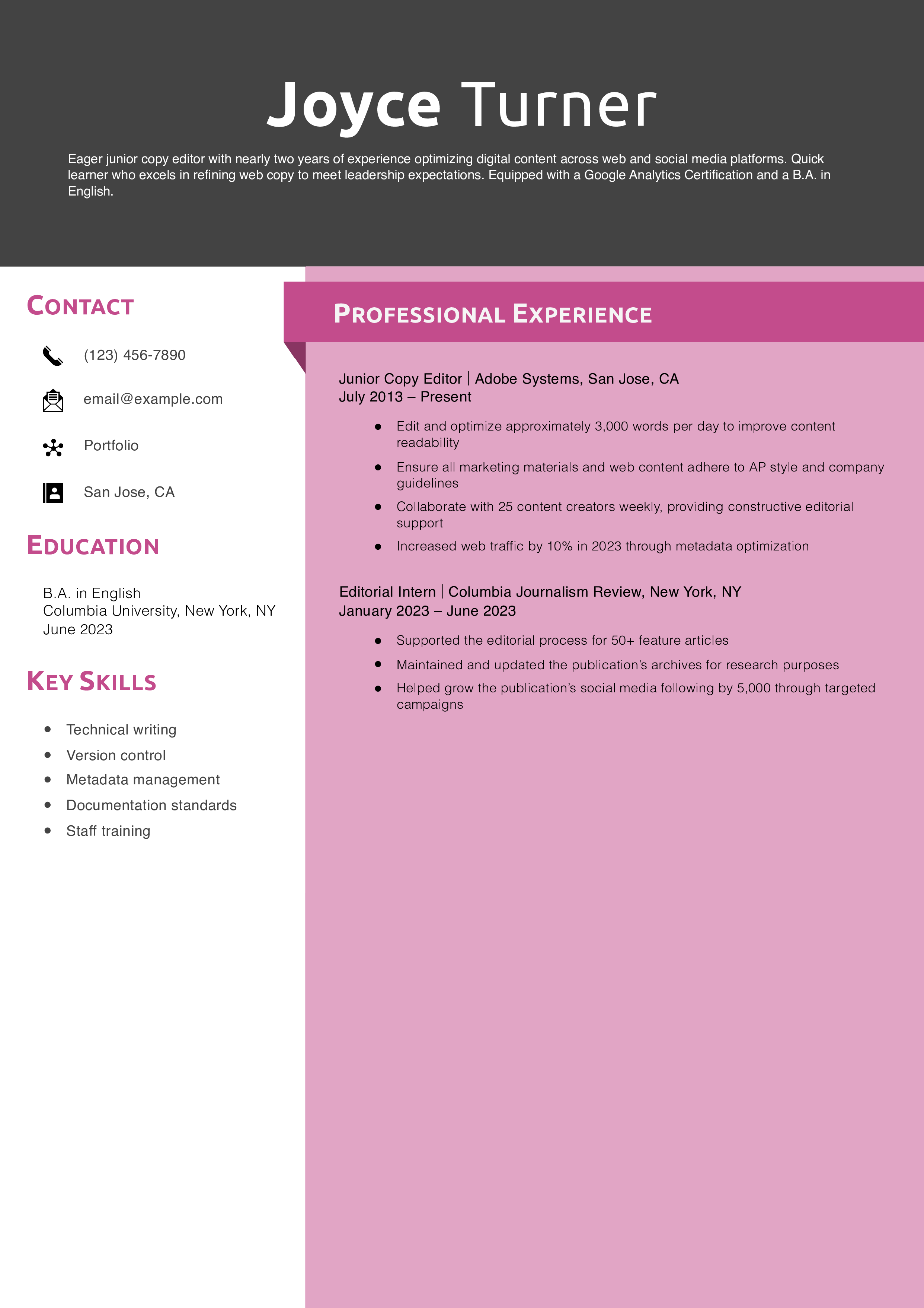 Junior Copy Editor Resume Example