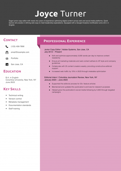 Junior Copy Editor Resume Example