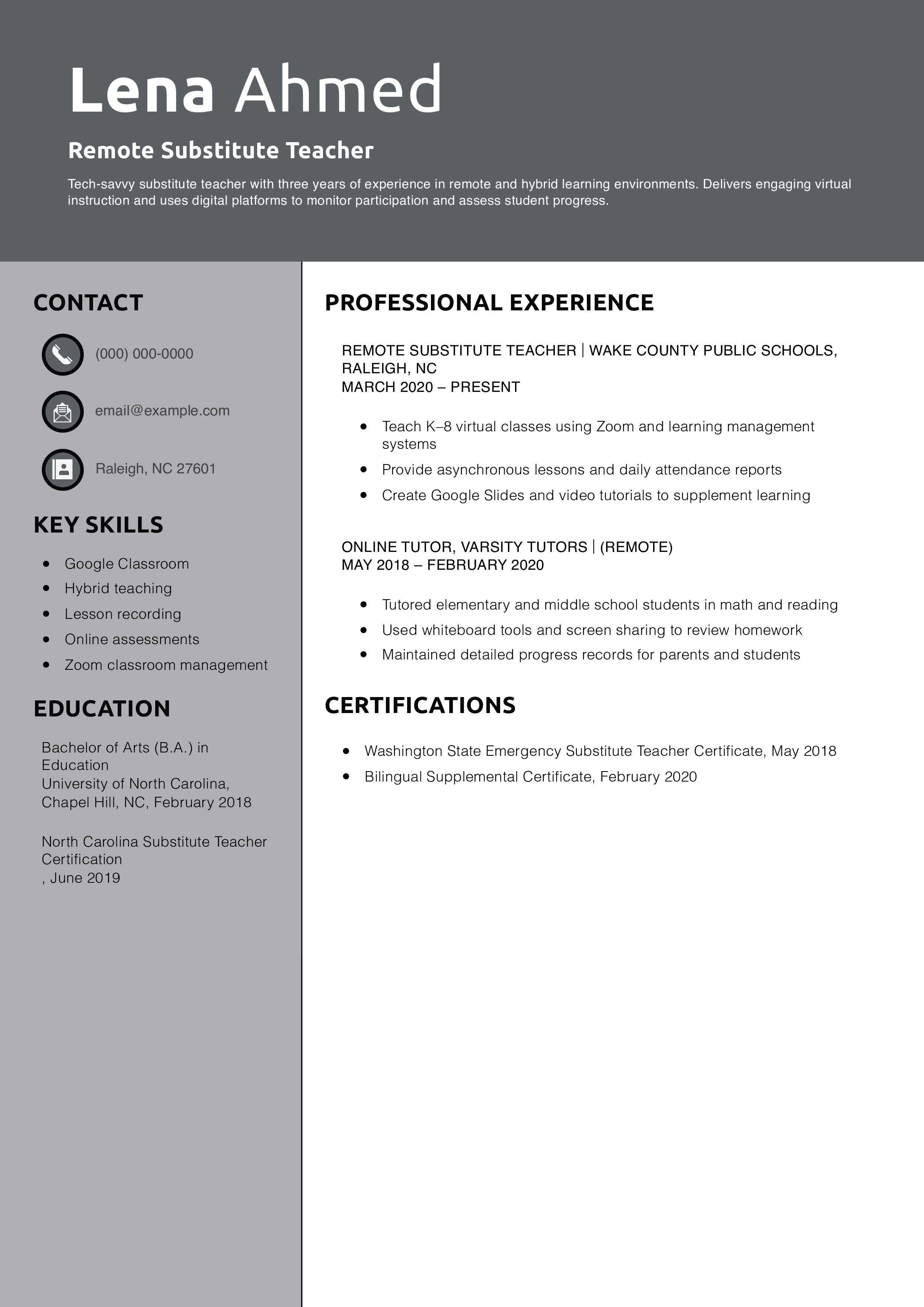 Remote Substitute Teacher Resume Example
