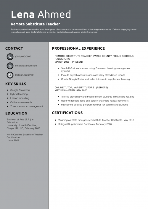 Remote Substitute Teacher Resume Example