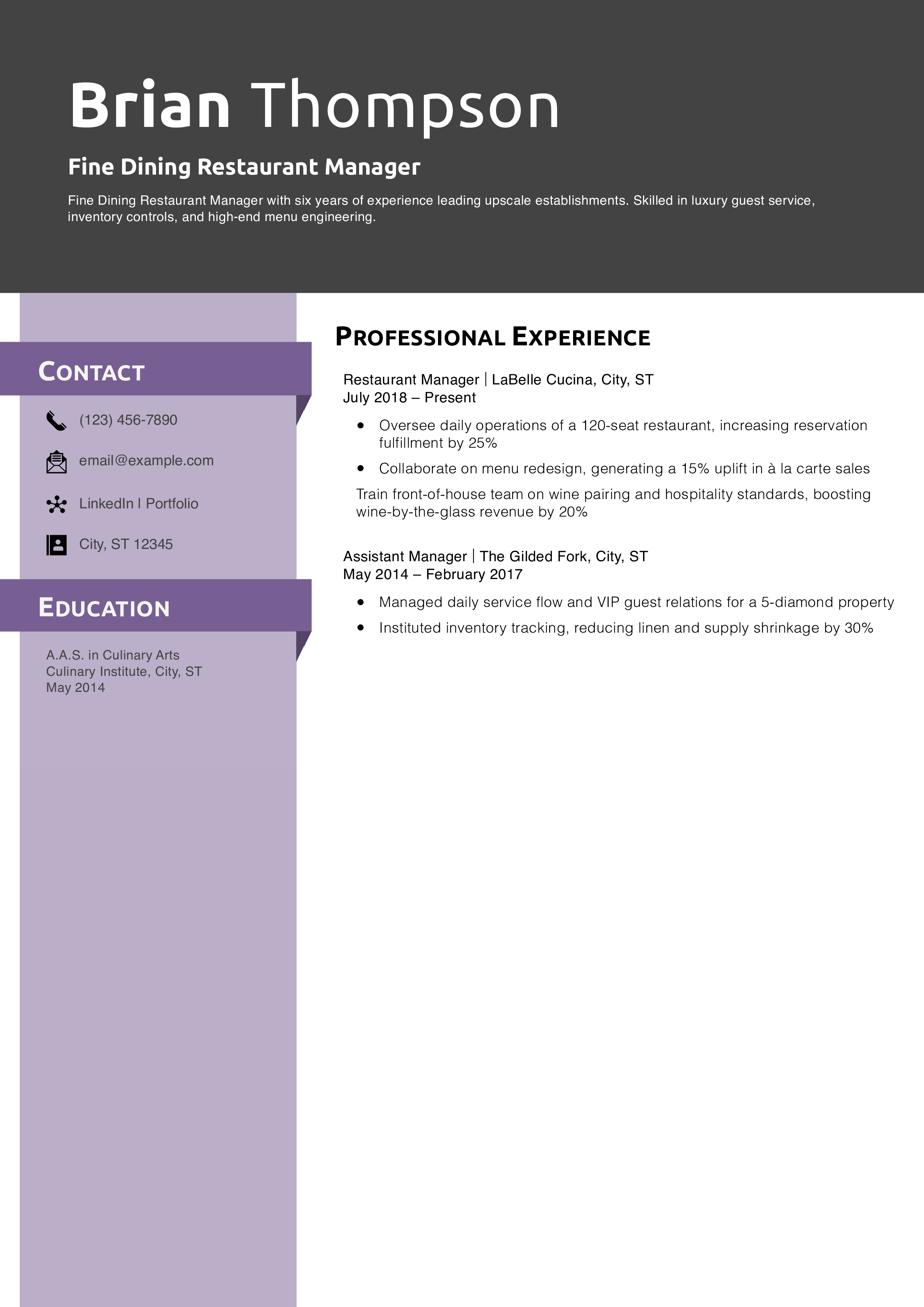 Fine Dining Restaurant Manager Resume Example