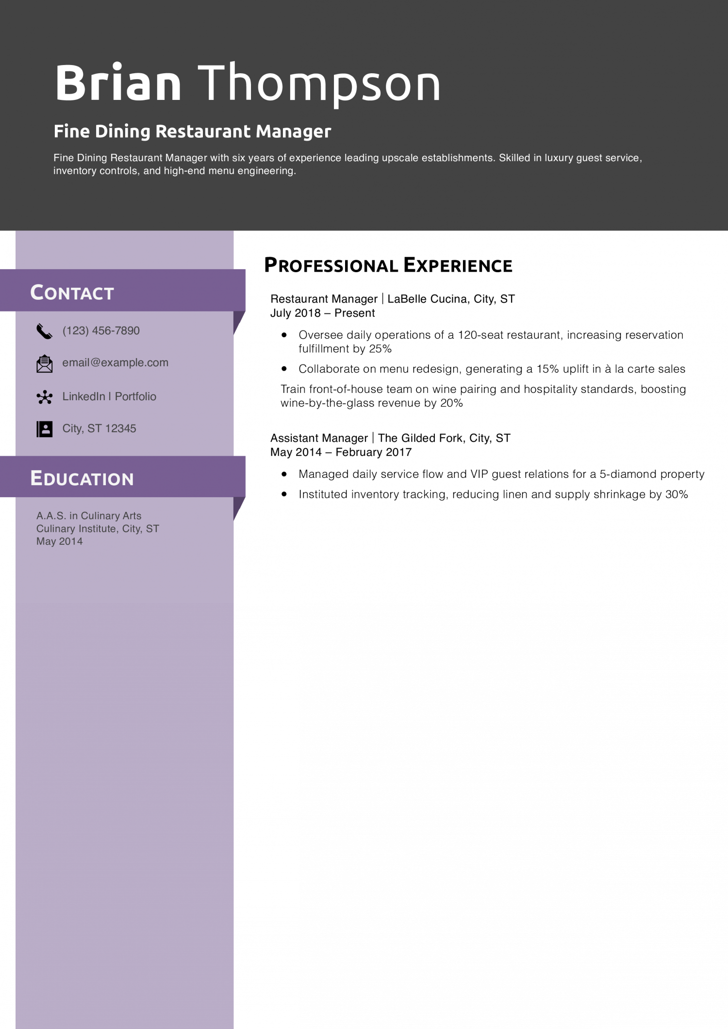 Fine Dining Restaurant Manager Resume Example