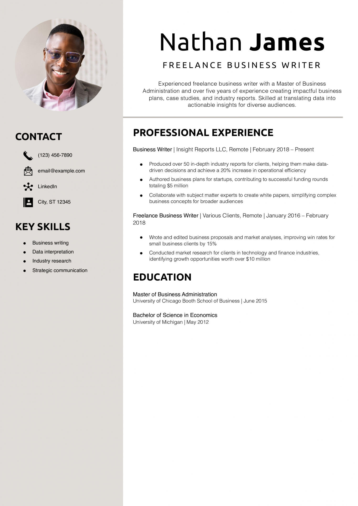 Freelance Business Writer Resume Example