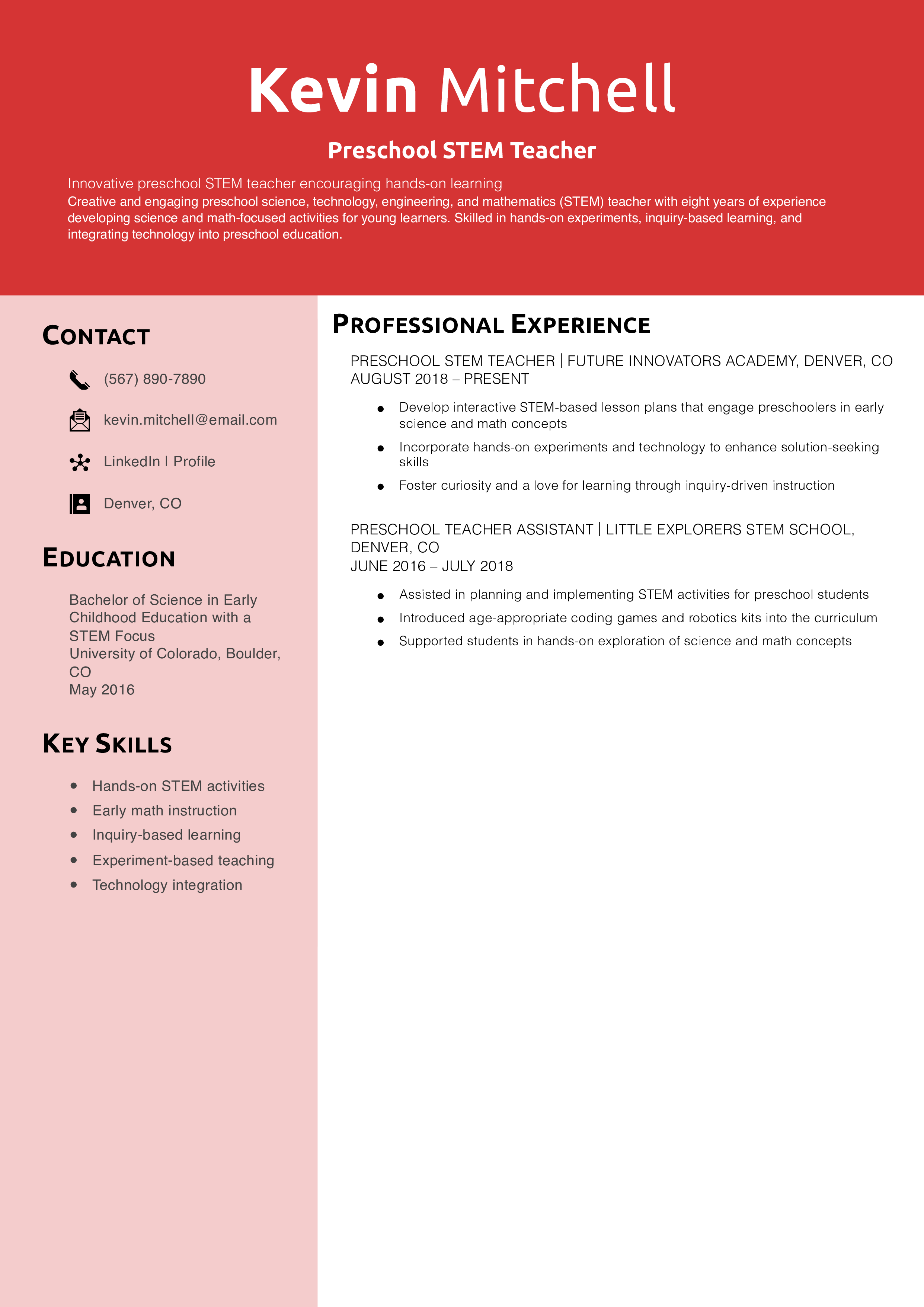 Preschool STEM Teacher Resume