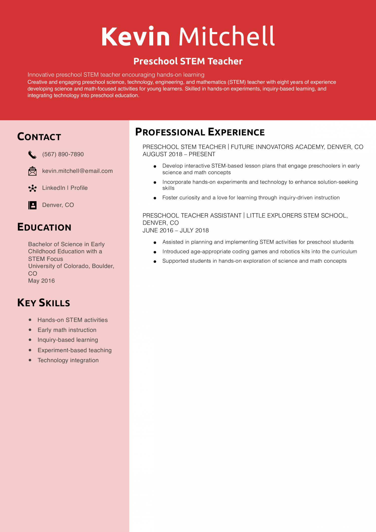 Preschool STEM Teacher Resume