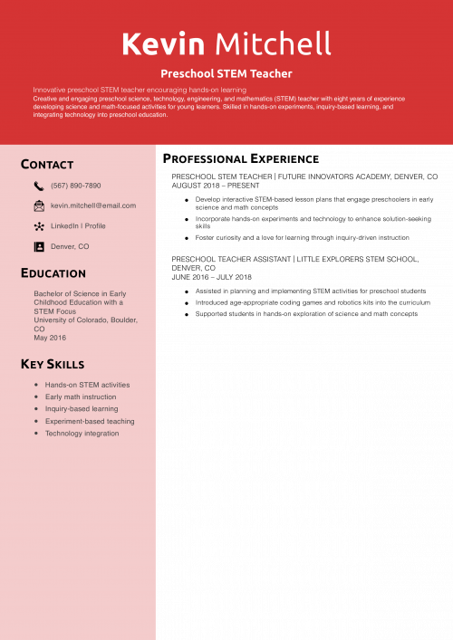 Preschool STEM Teacher Resume