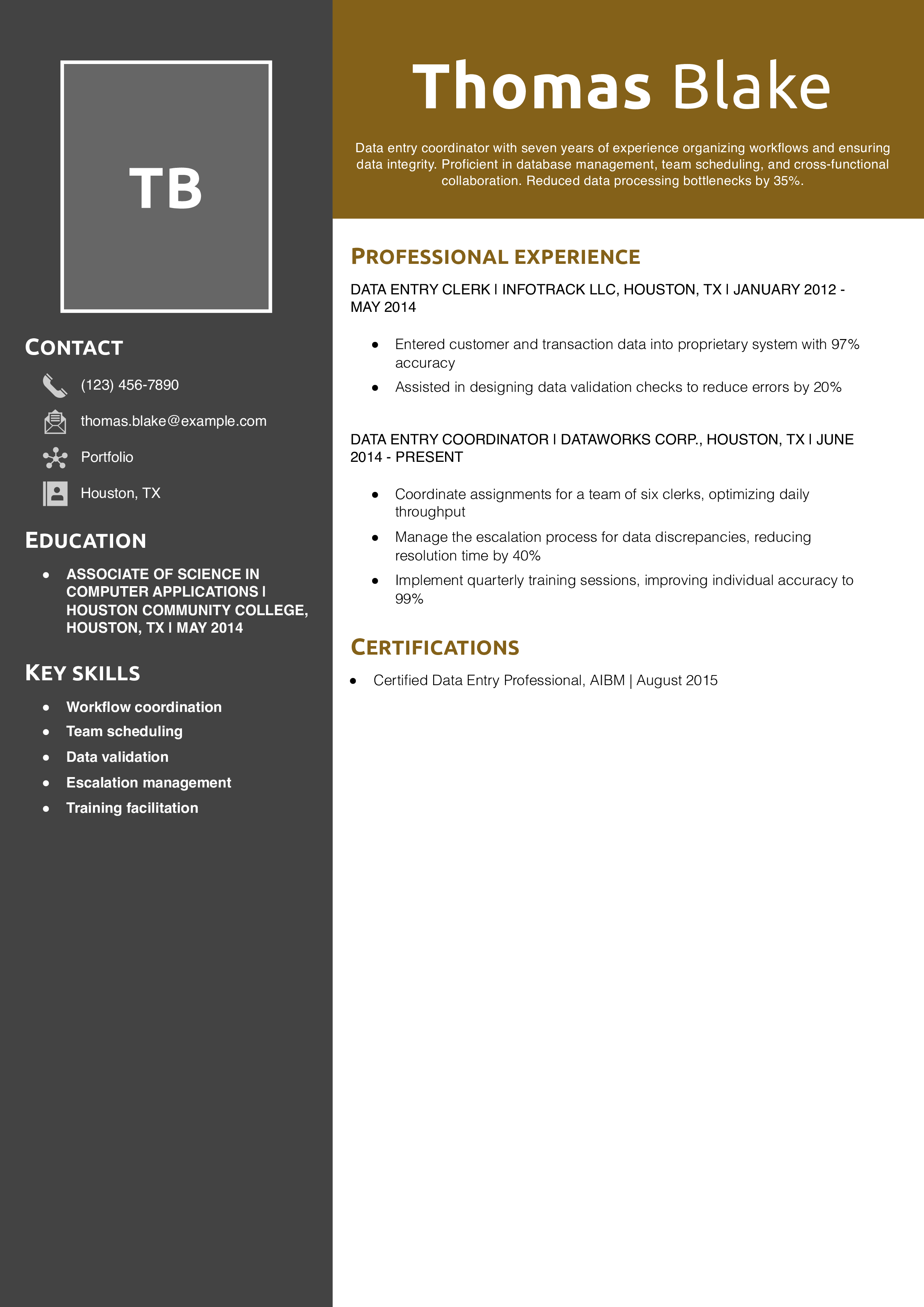 Data Entry Coordinator Resume Example
