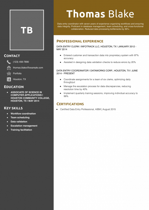 Data Entry Coordinator Resume Example