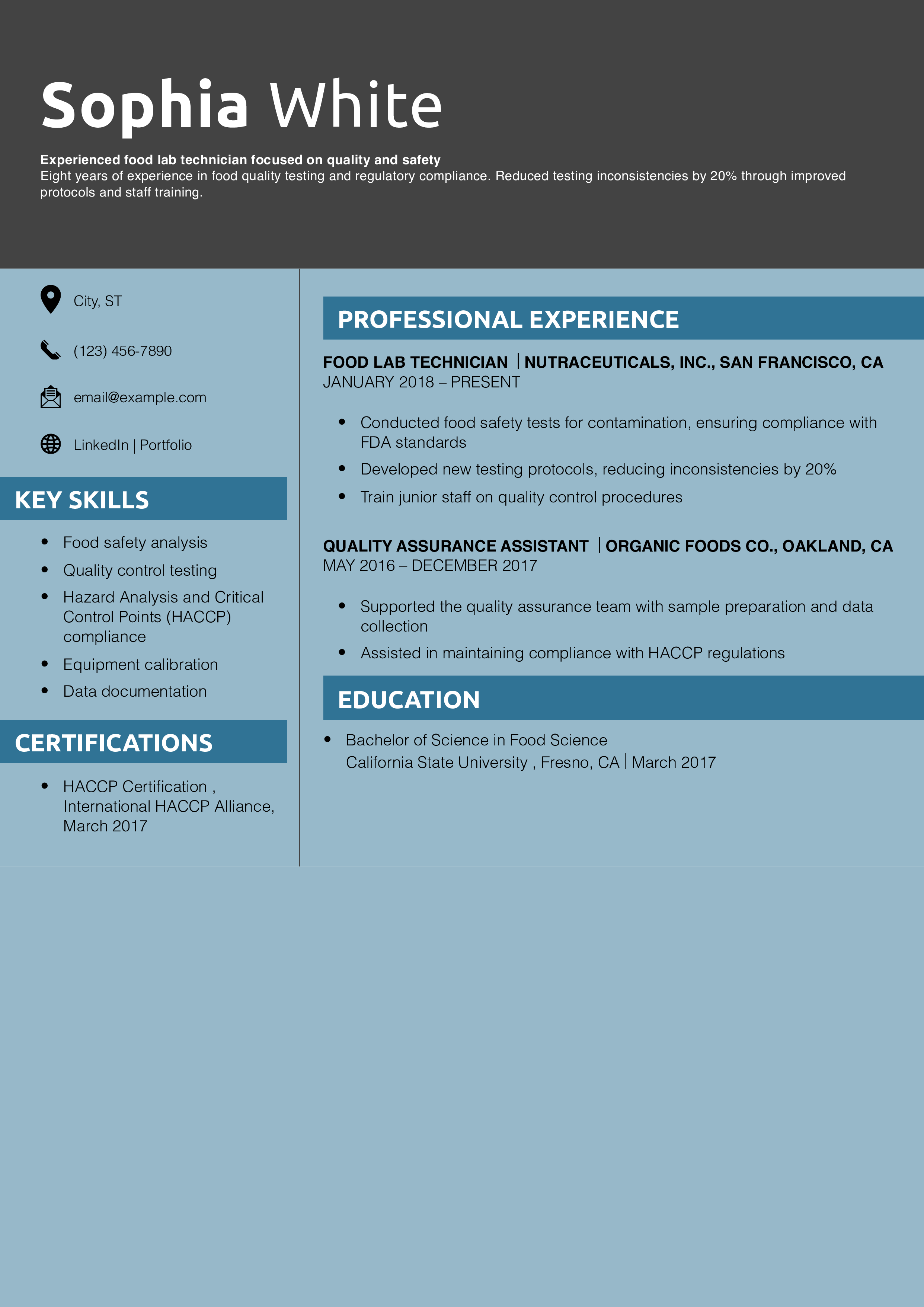 Food Lab Technician Resume