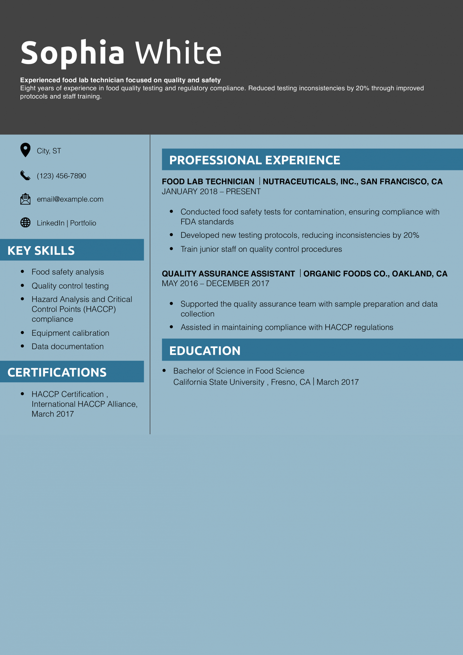 Food Lab Technician Resume