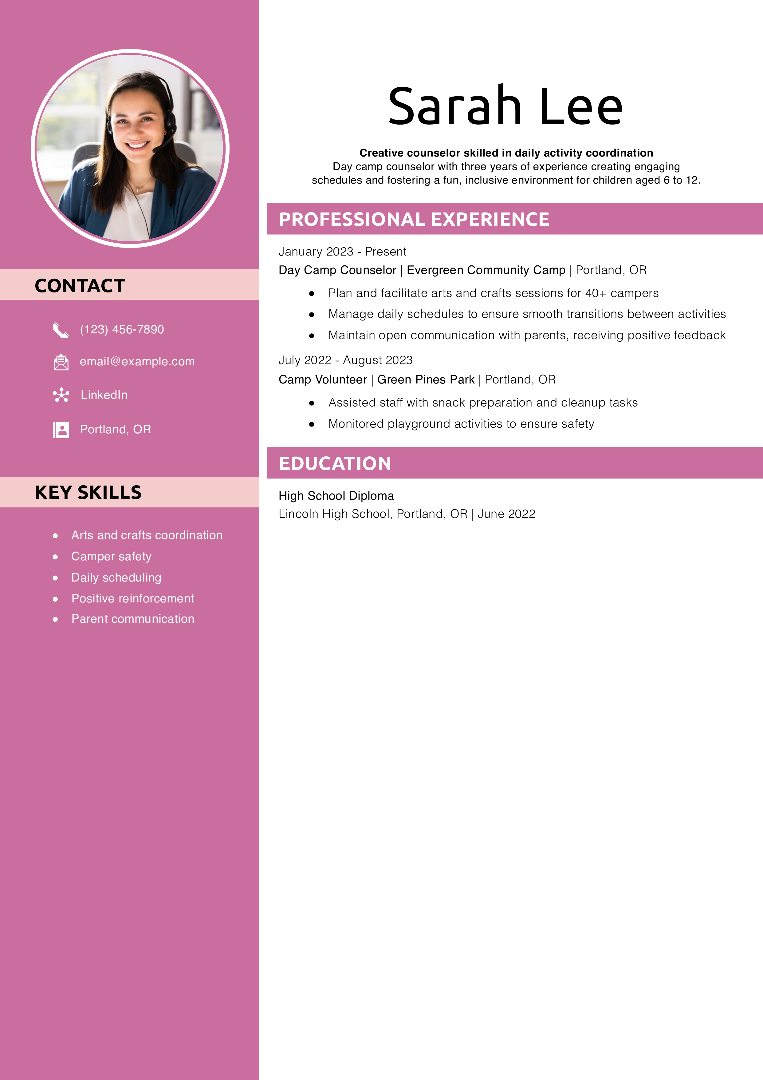 Day Camp Counselor Resume