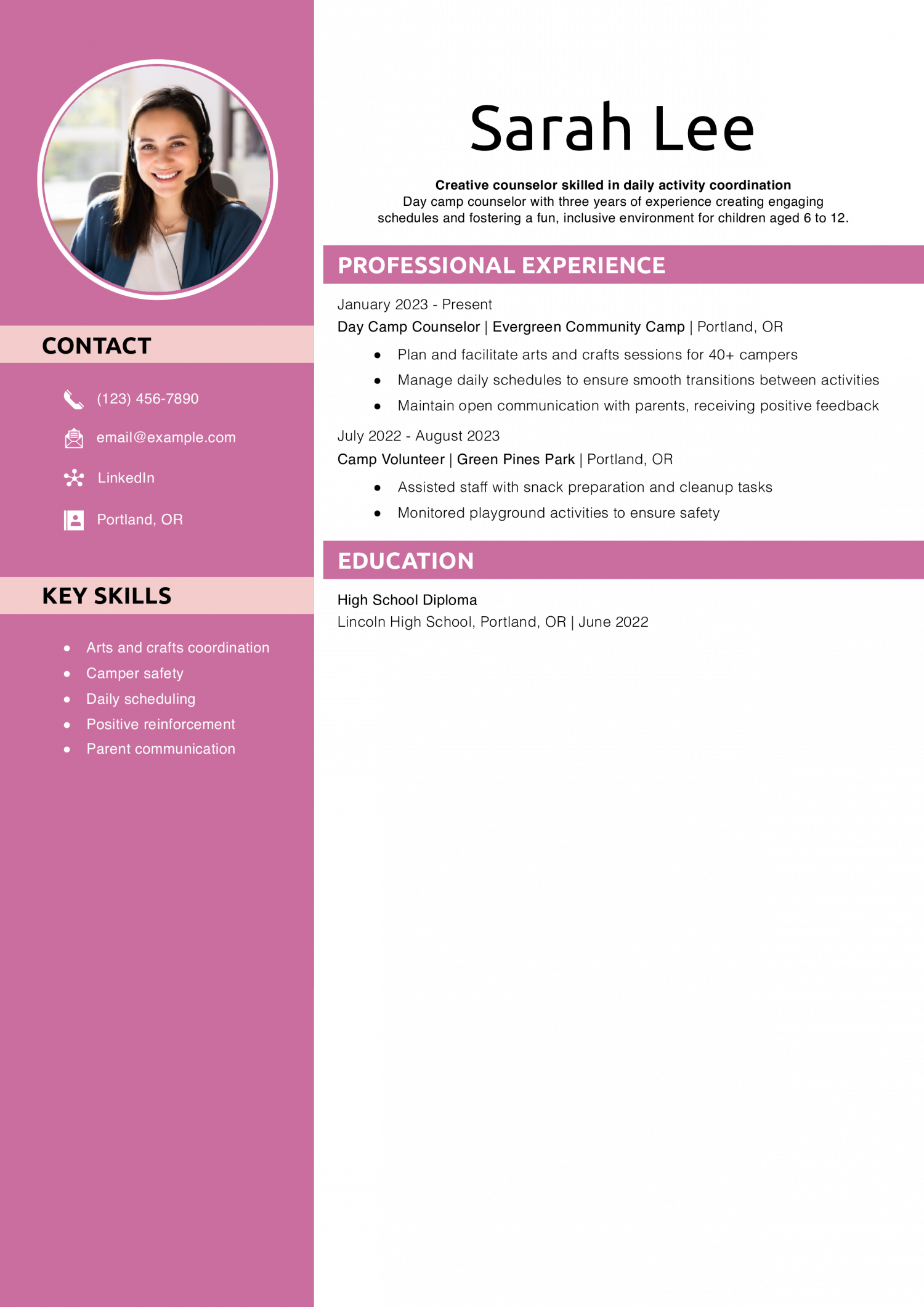 Day Camp Counselor Resume