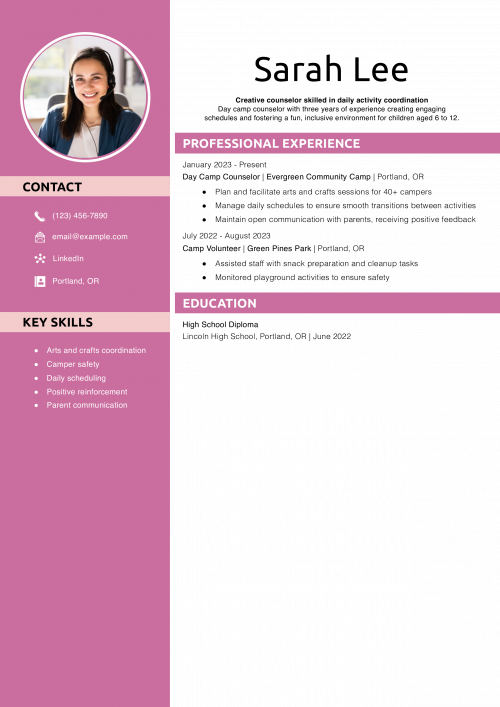 Day Camp Counselor Resume