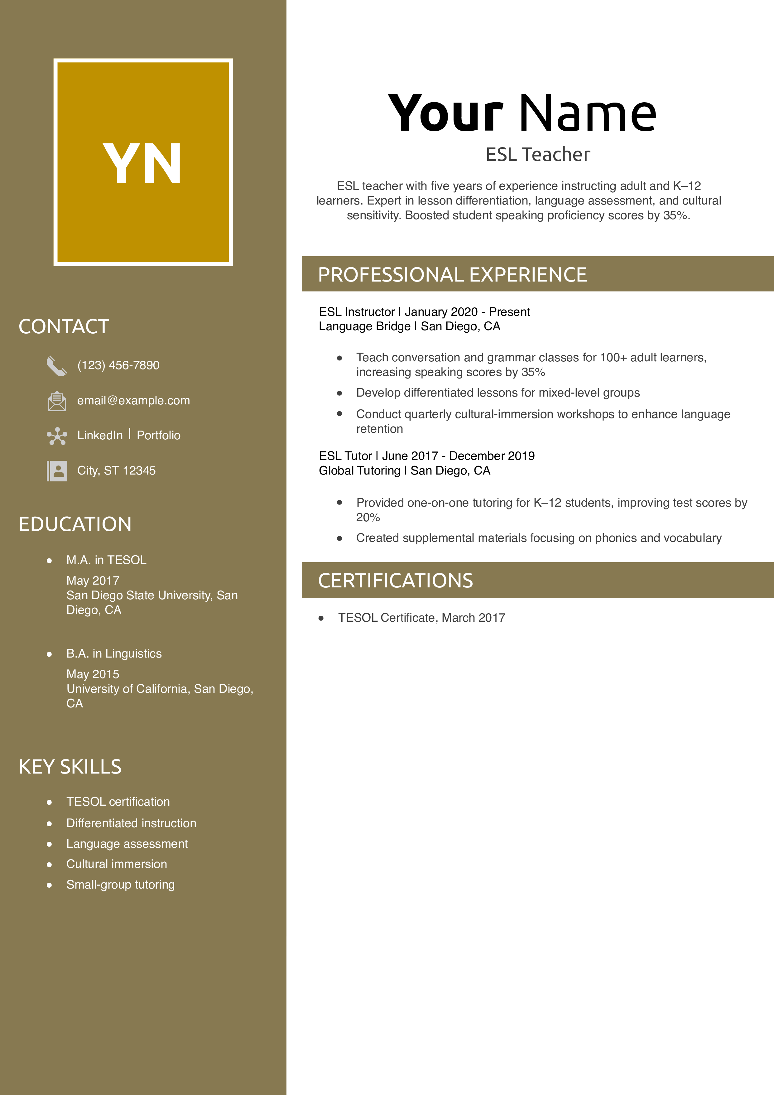 ESL Teacher Resume Example