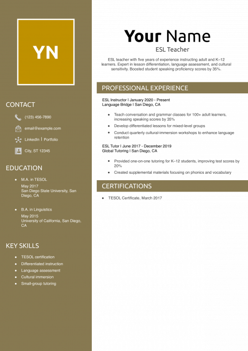 ESL Teacher Resume Example