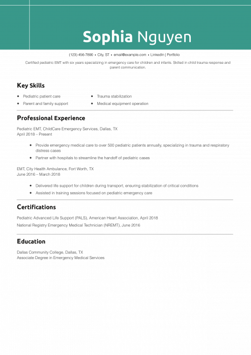 Pediatric EMT Resume Example