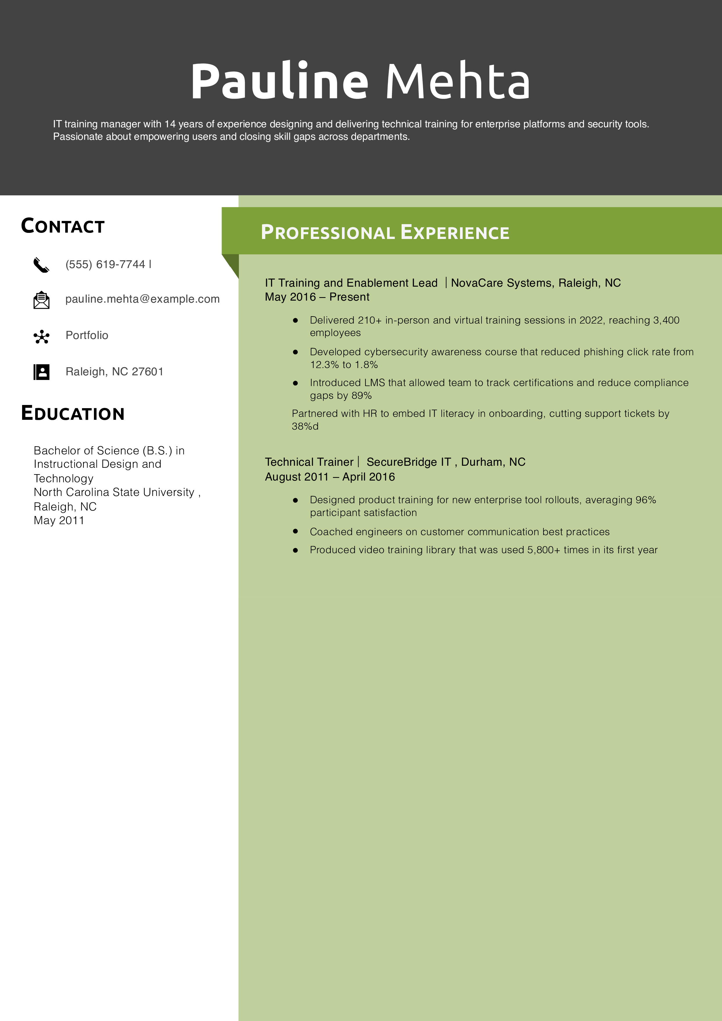 IT Training Manager Resume Example