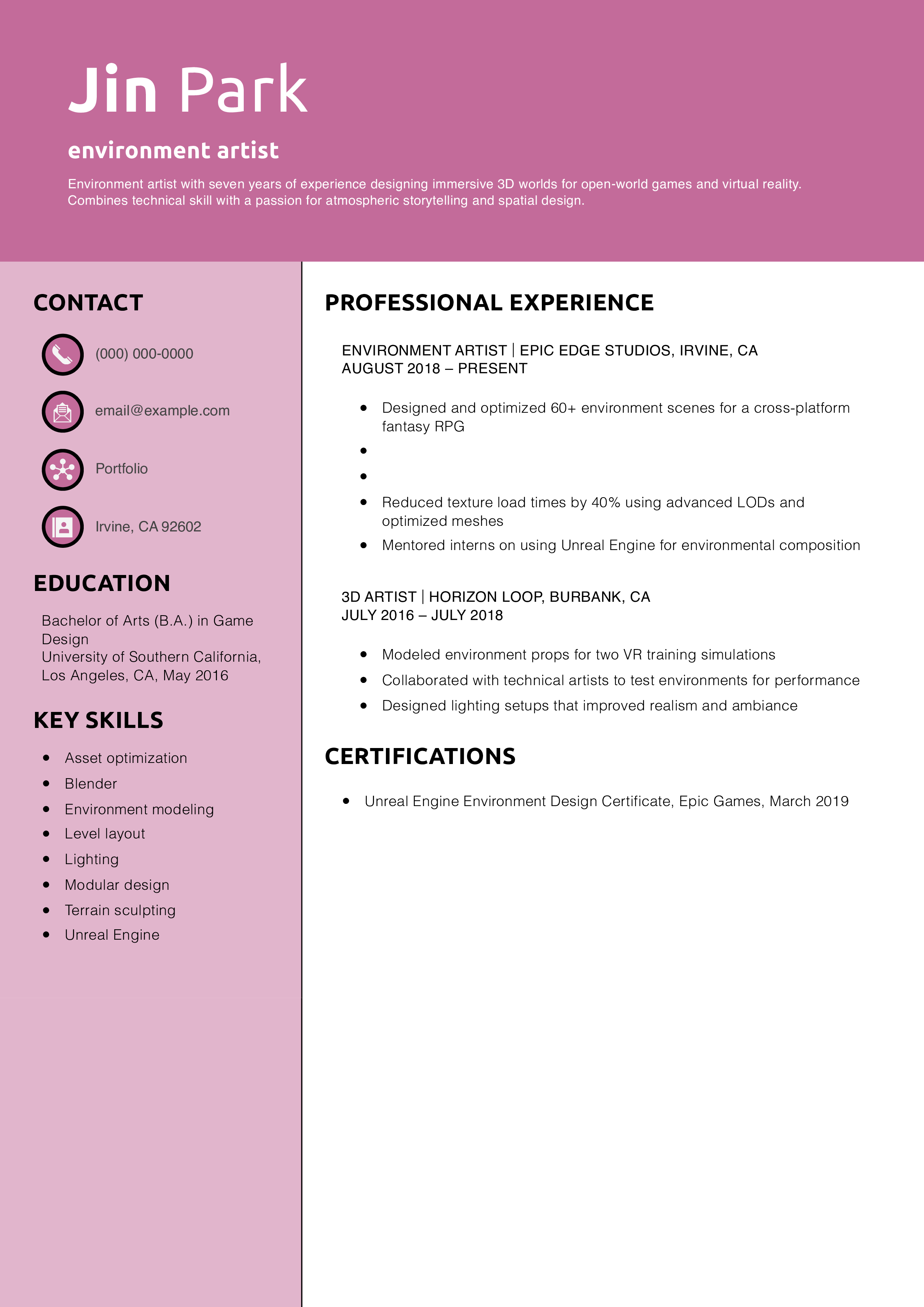 environment artist resume example