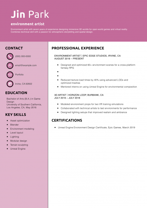 environment artist resume example