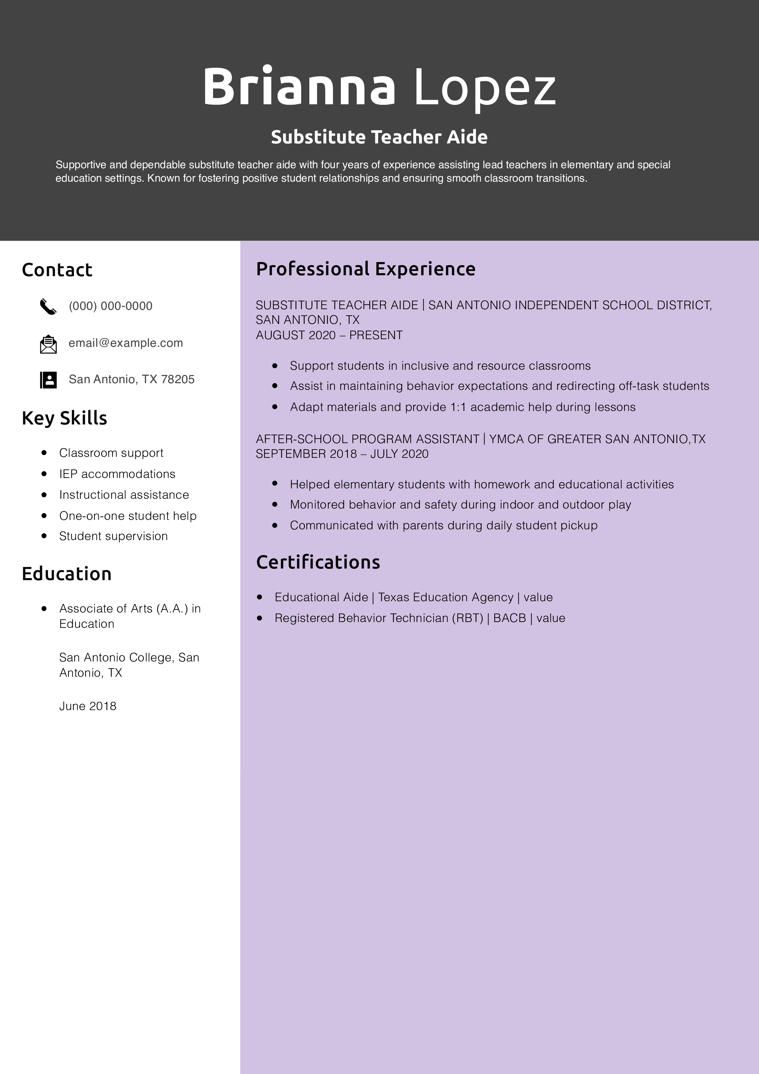 Substitute Teacher Aide Resume Example