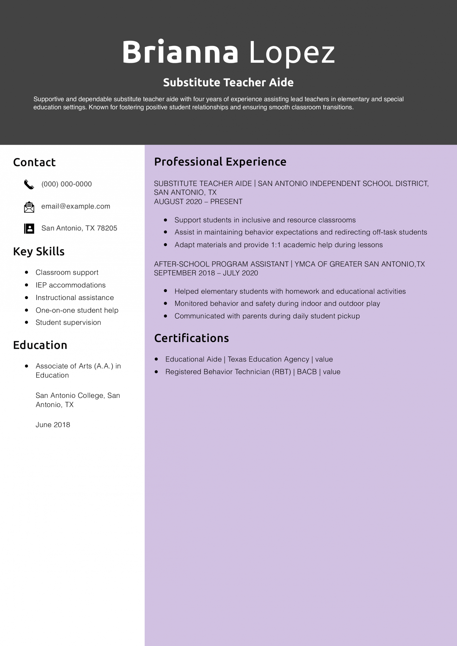 Substitute Teacher Aide Resume Example