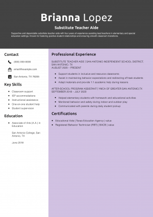 Substitute Teacher Aide Resume Example