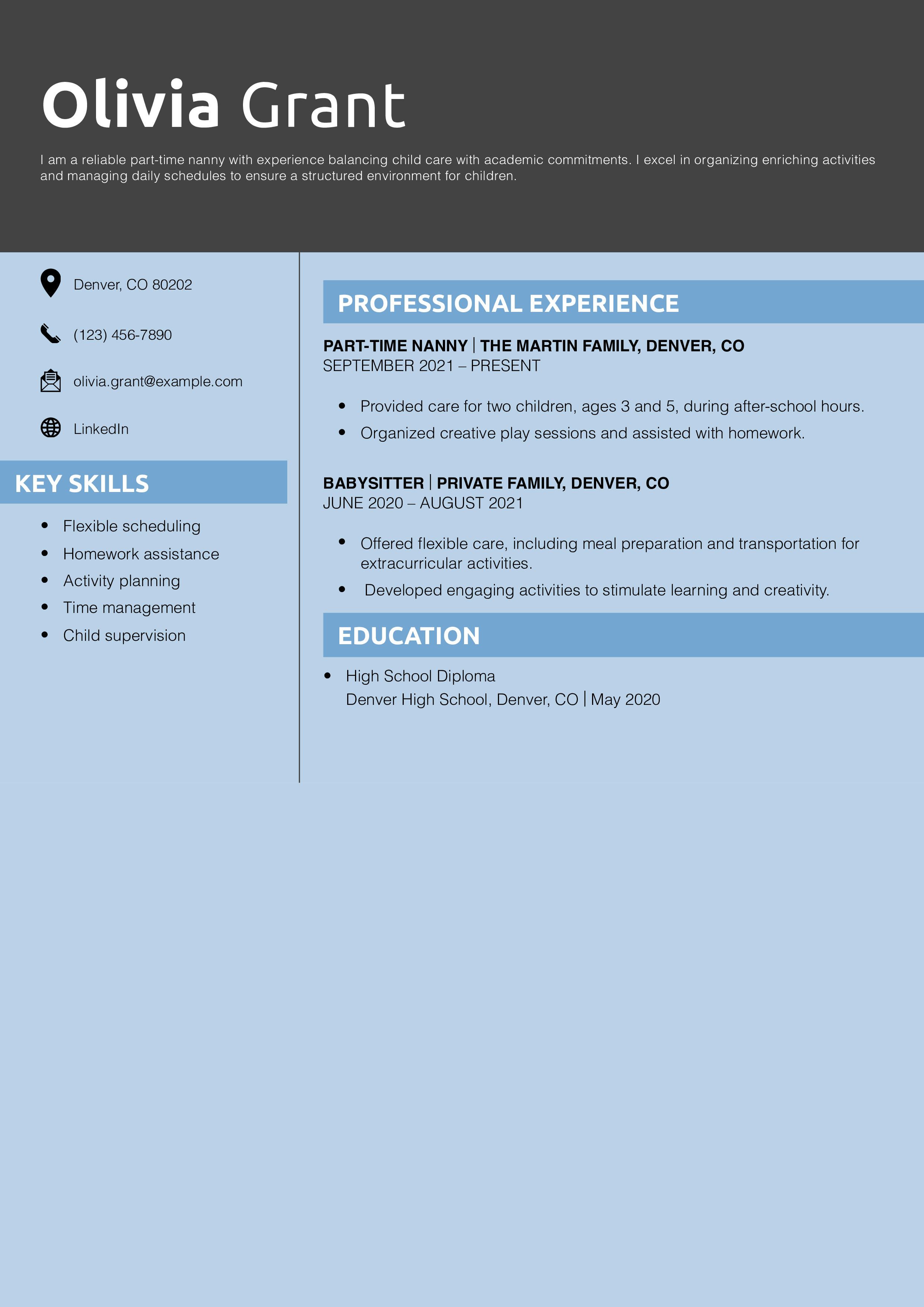 Part-Time Nanny Resume Example