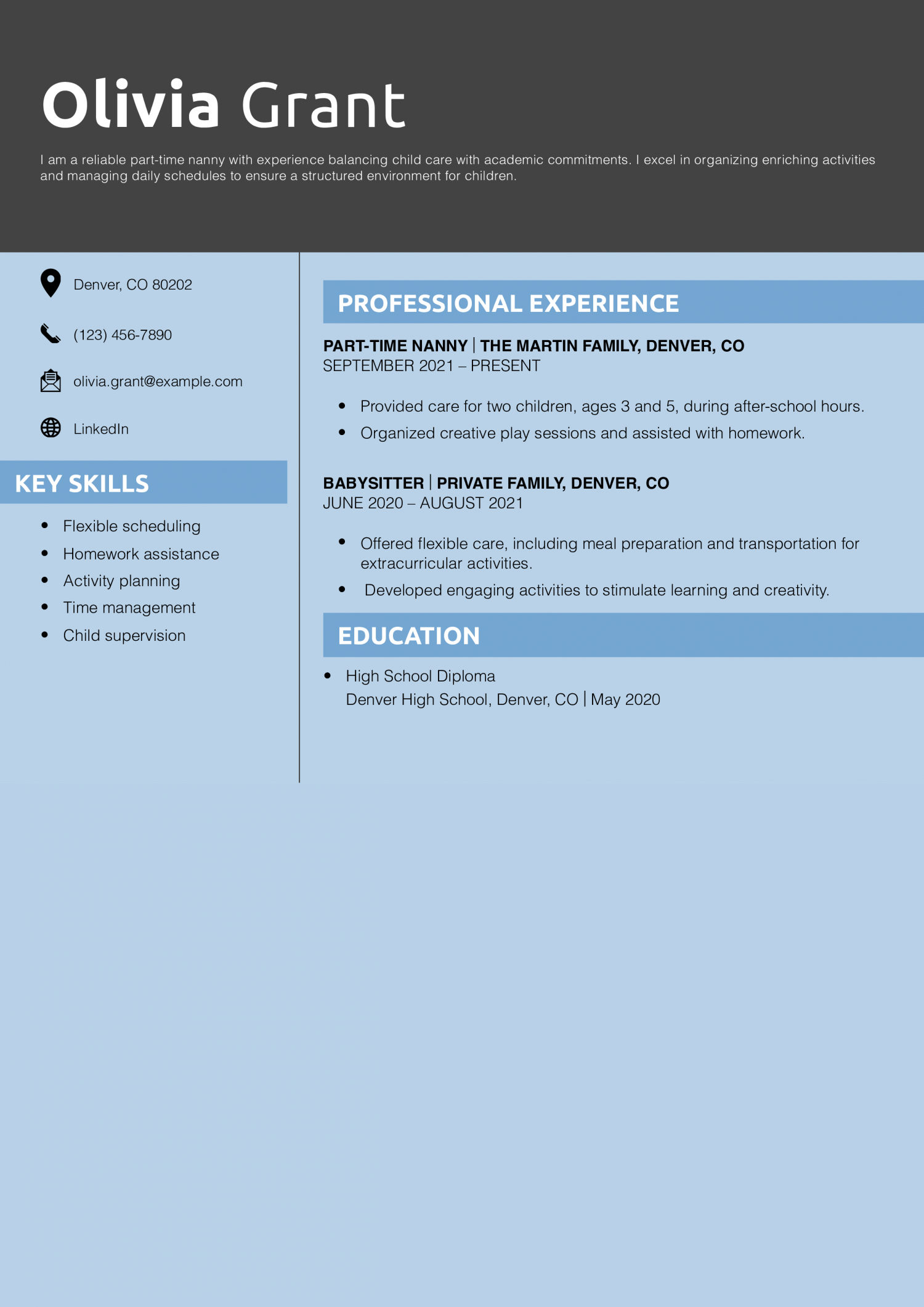 Part-Time Nanny Resume Example