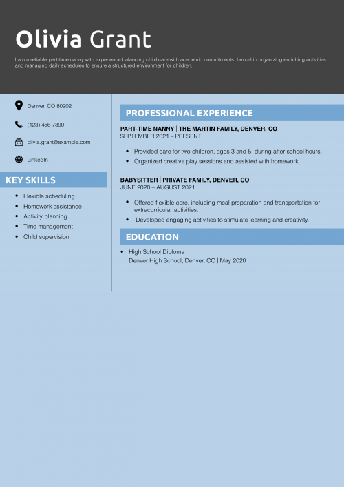 Part-Time Nanny Resume Example