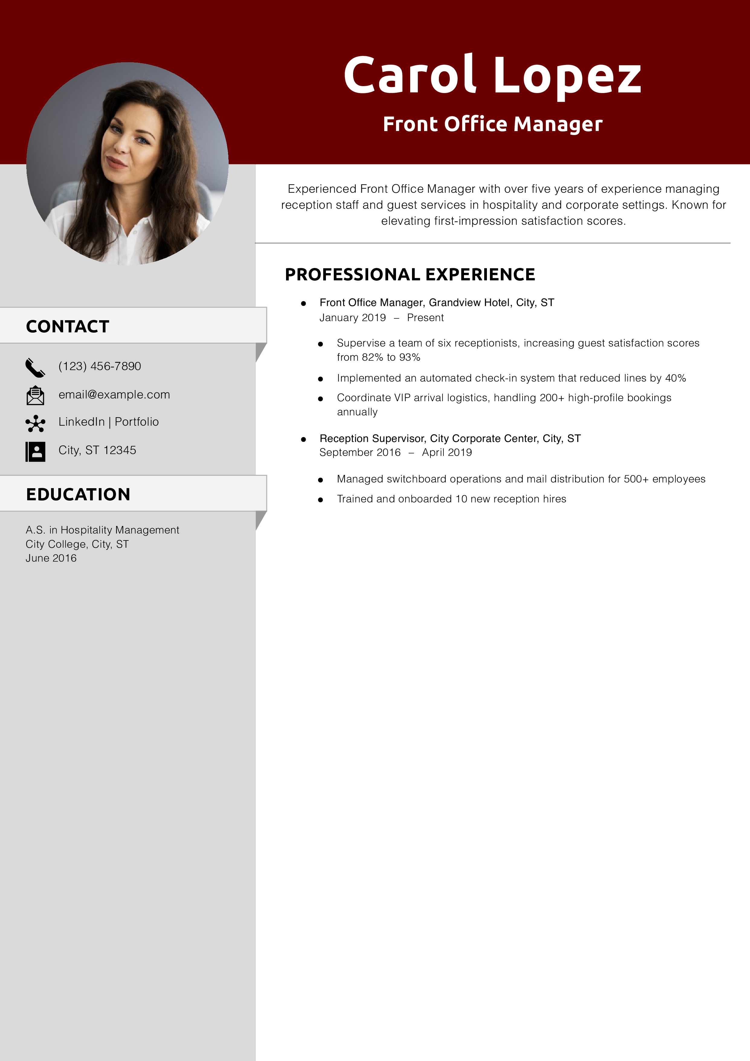 Front Office Manager Resume Example