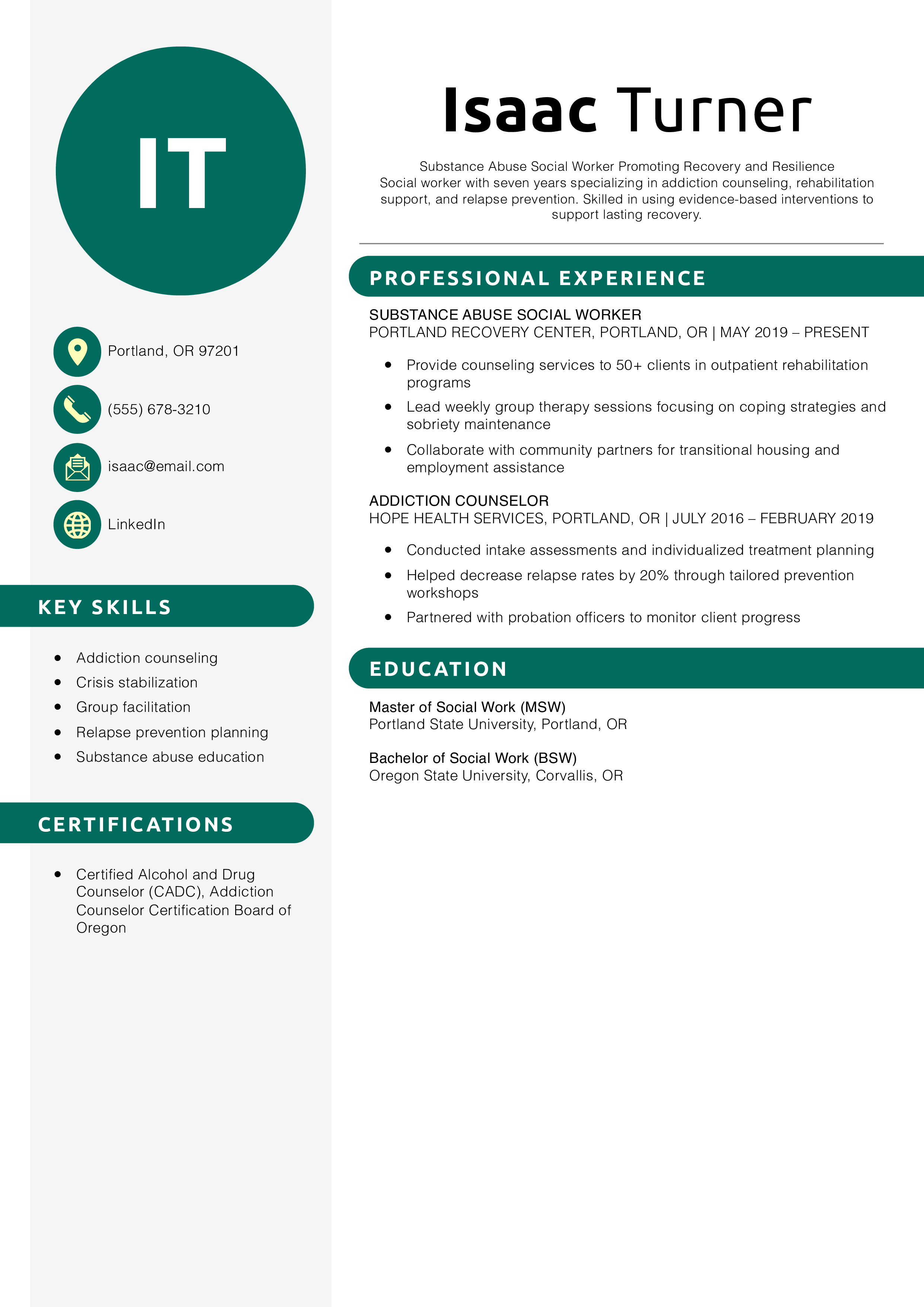 Substance Abuse Social Worker Resume Example