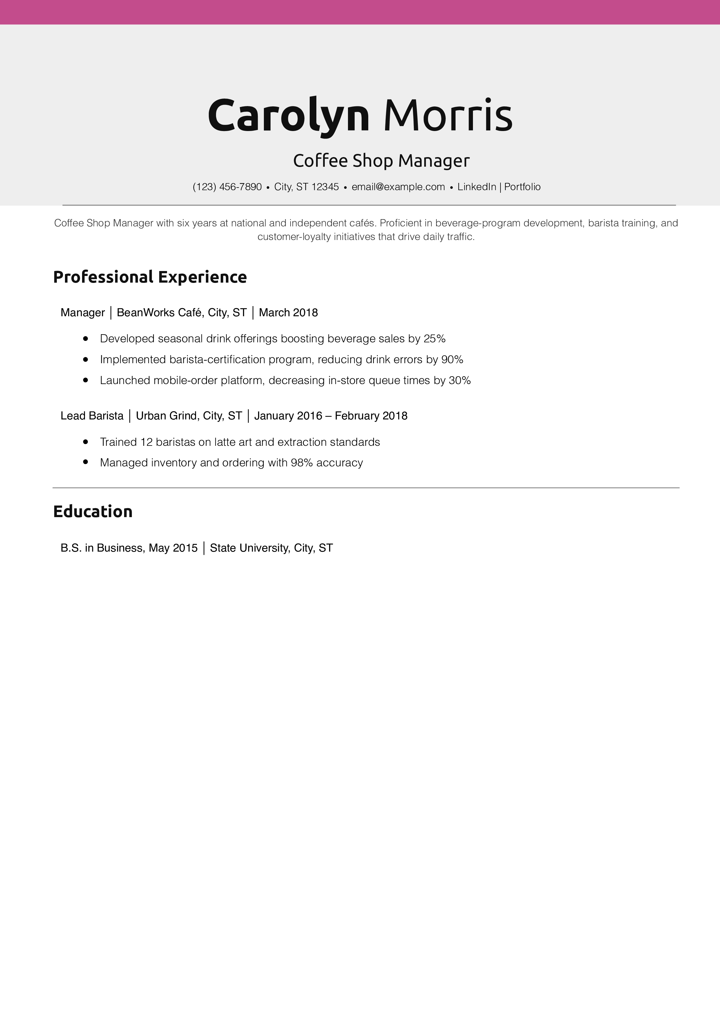 Coffee Shop Manager Resume Example