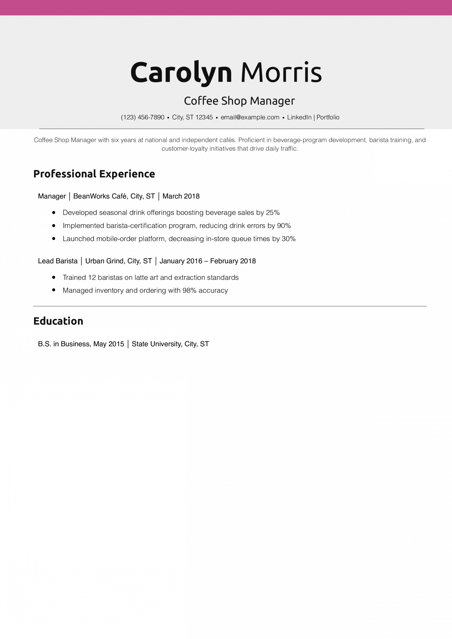 Coffee Shop Manager Resume Example