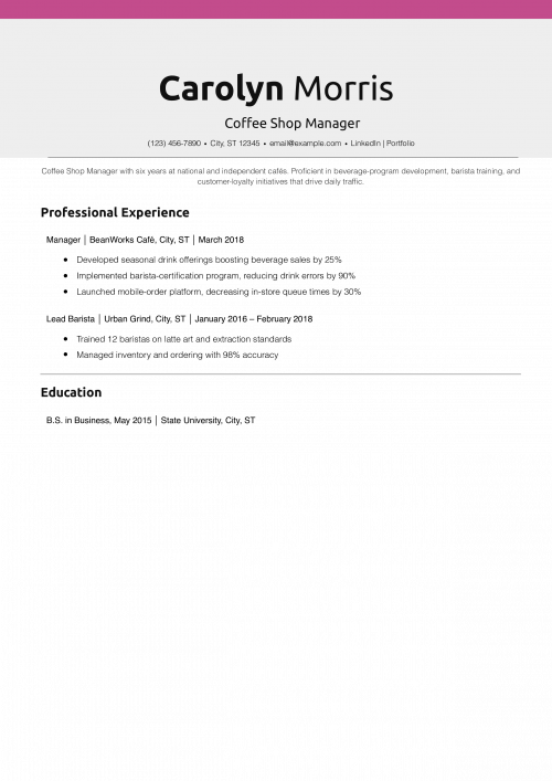 Coffee Shop Manager Resume Example