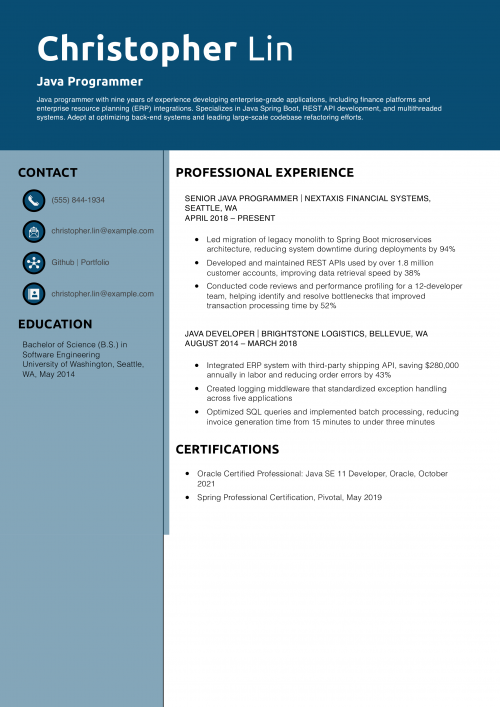 Java Programmer Resume Example