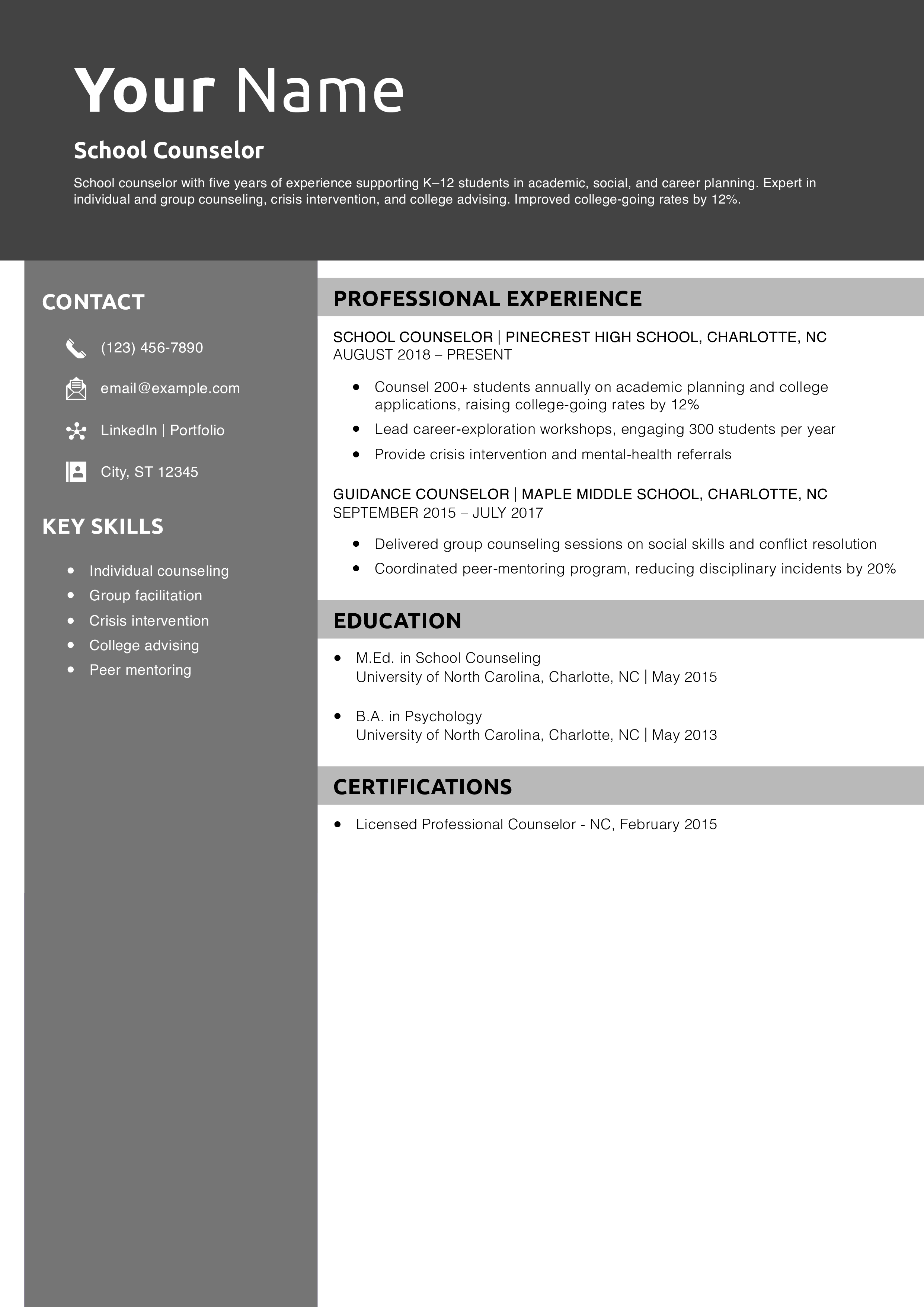 School Counselor Resume Example