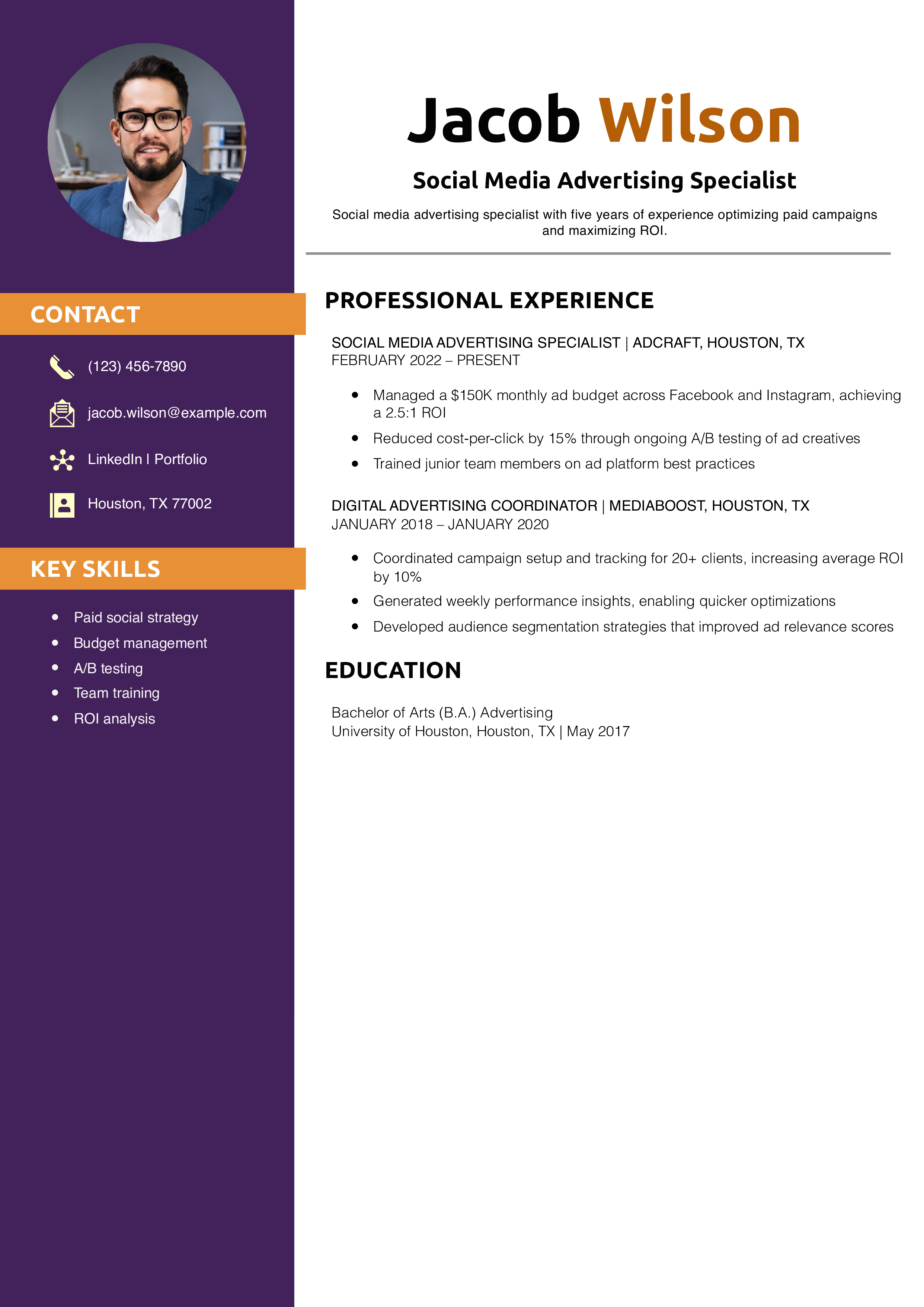 Social Media Advertising Specialist Resume Example
