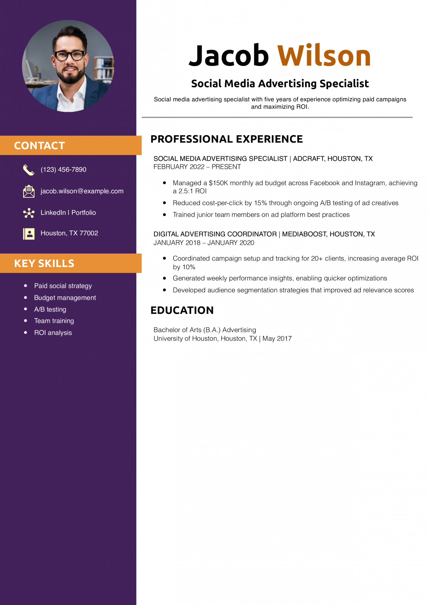 Social Media Advertising Specialist Resume Example