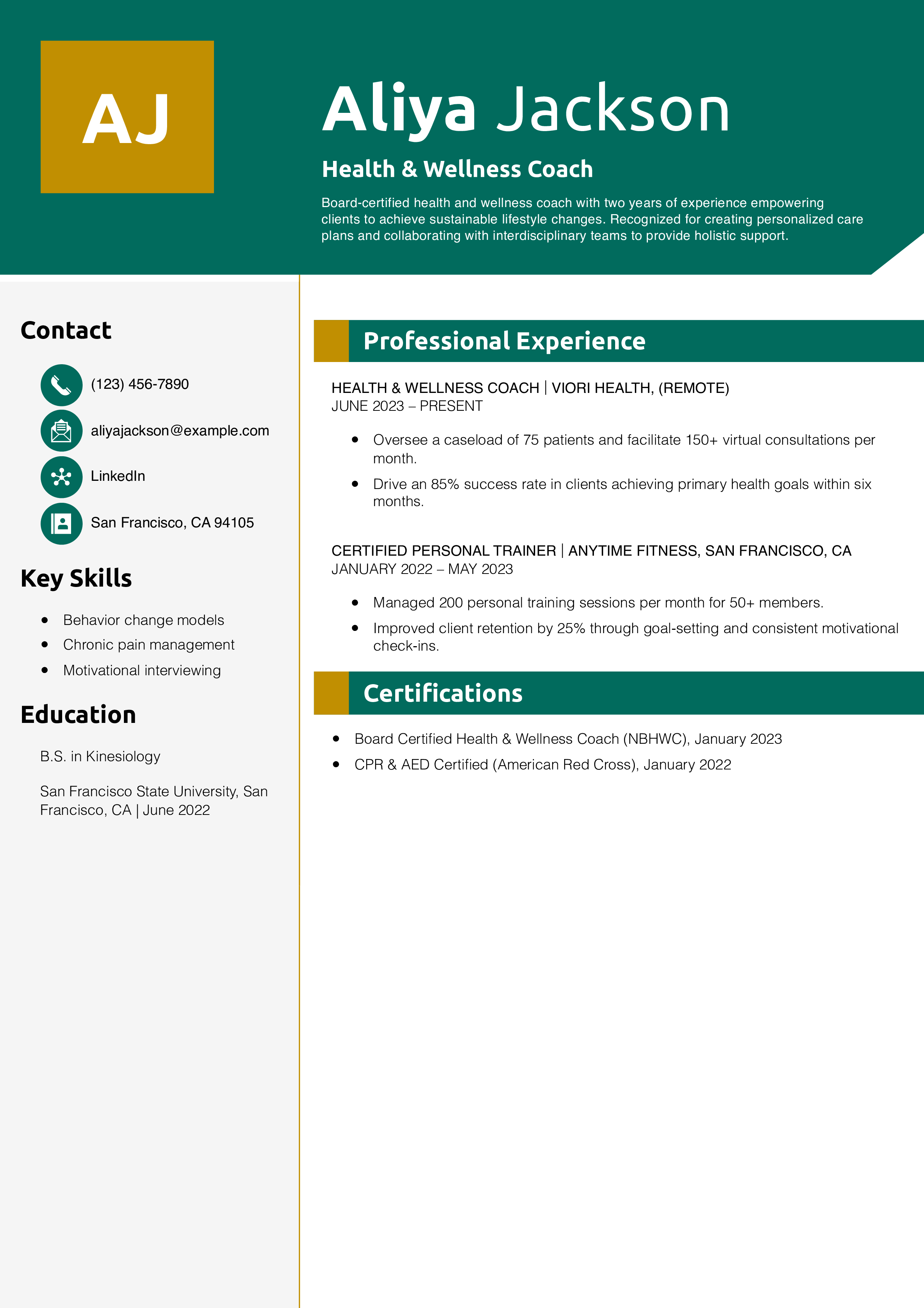 Health & Wellness Coach Resume Example