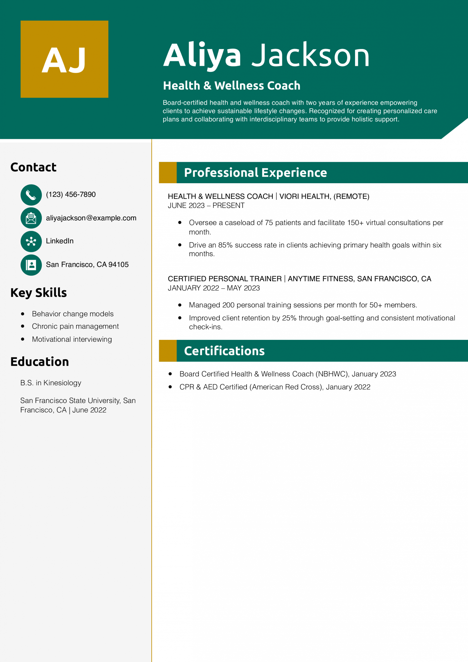 Health & Wellness Coach Resume Example