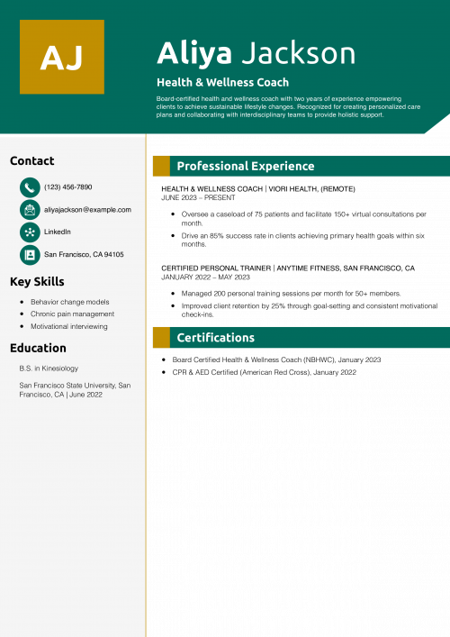 Health & Wellness Coach Resume Example