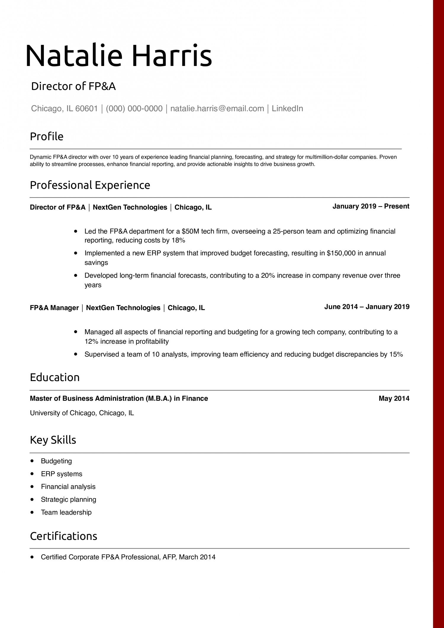 Director of FP&A Resume Example