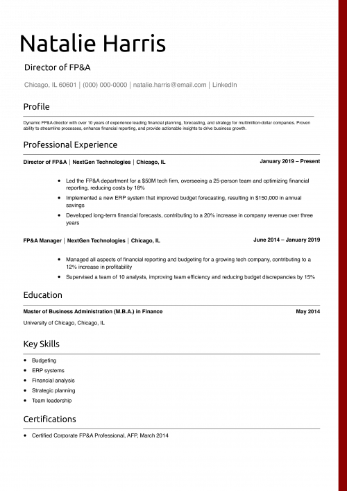 Director of FP&A Resume Example